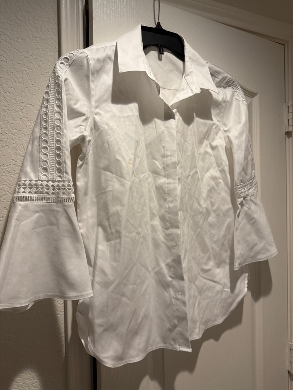 Calvin Klein White Eyelet Bell Sleeve Button-Up Blouse